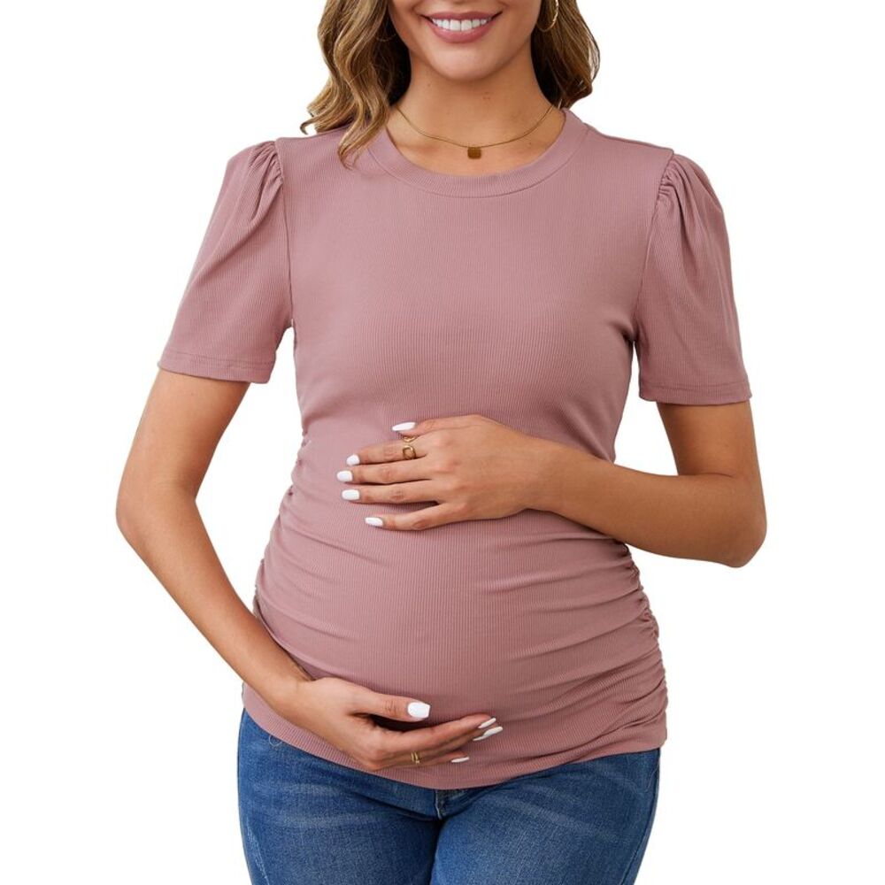 Maternity Business Short Sleeve Side Ruched Ribbed Knit Puff Shirts Pink